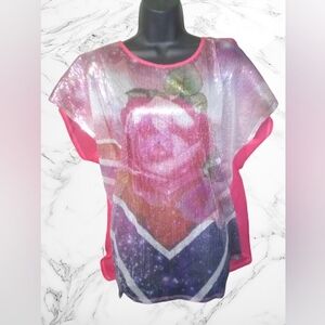 "Bongo" Women's See-Thru Shimmery Sequin Dolman Sleeve Floral Top